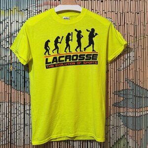GILDAN ChalkTalkSPORTS Lacrosse Evolution of Sports T-Shirt, Neon Yellow, S
